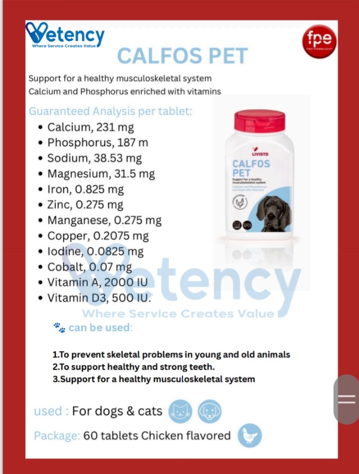 LIVISTO Calfos Pet Calcium & Phosphorus Supplement – 60 Tablets, Chicken Flavored